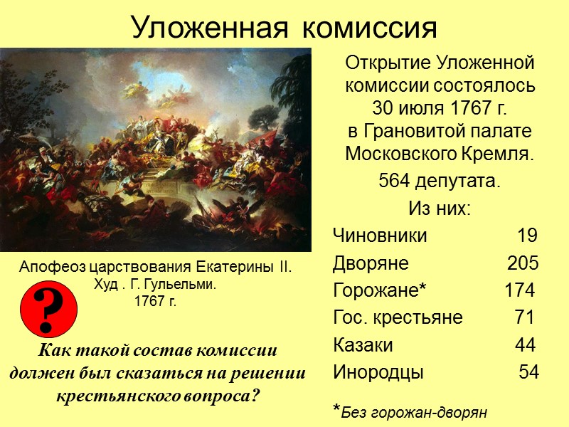 Уложенная комиссия Открытие Уложенной комиссии состоялось  30 июля 1767 г.  в Грановитой